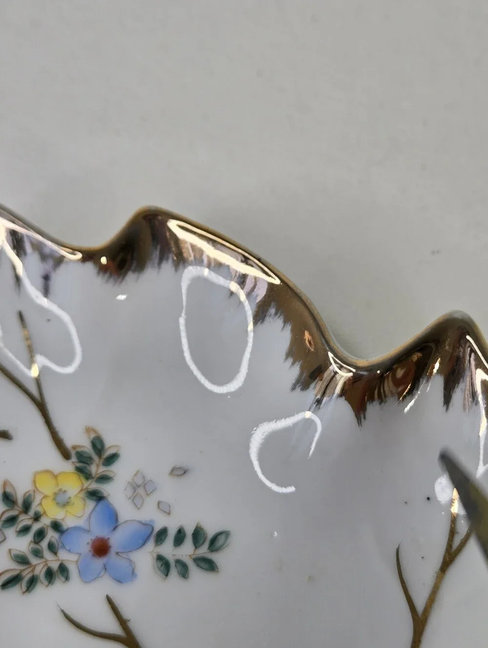 Vintage Porcelain Leaf Trinket Dish Floral Divided Candy Nut Tray Gold Trim Gilt